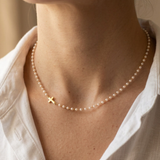 Geometric Cross and Pearl Necklace