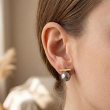 Grey Pearl Gold Bar Earrings