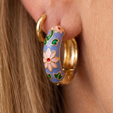 Blue Enamel Floral Hoop Earrings