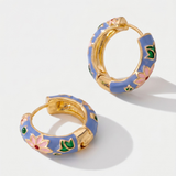 Blue Enamel Floral Hoop Earrings