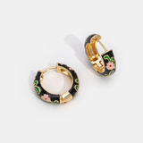 Black Enamel Floral Hoop Earrings