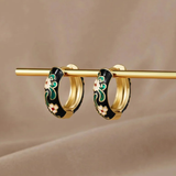 Black Enamel Floral Hoop Earrings