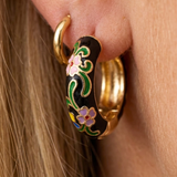 Black Enamel Floral Hoop Earrings