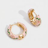 Pink Enamel Floral Hoop Earrings