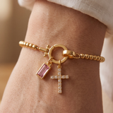 Pink Cross and Crystal Bead Bracelet