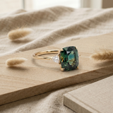 Emerald Cushion Cut Trillion Ring