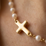 Geometric Cross and Pearl Necklace