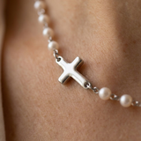 Geometric Cross and Pearl Necklace