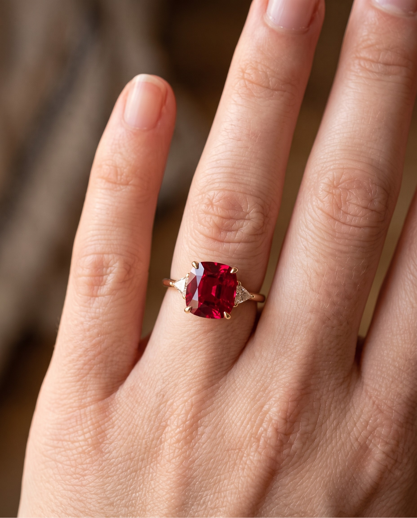 Red Zirconia Cushion Cut Gold Ring