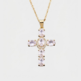 Pink Zirconia Halo Cross Necklace