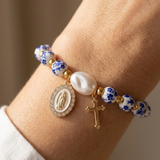 Porcelain Flower and Pearl Bracelet