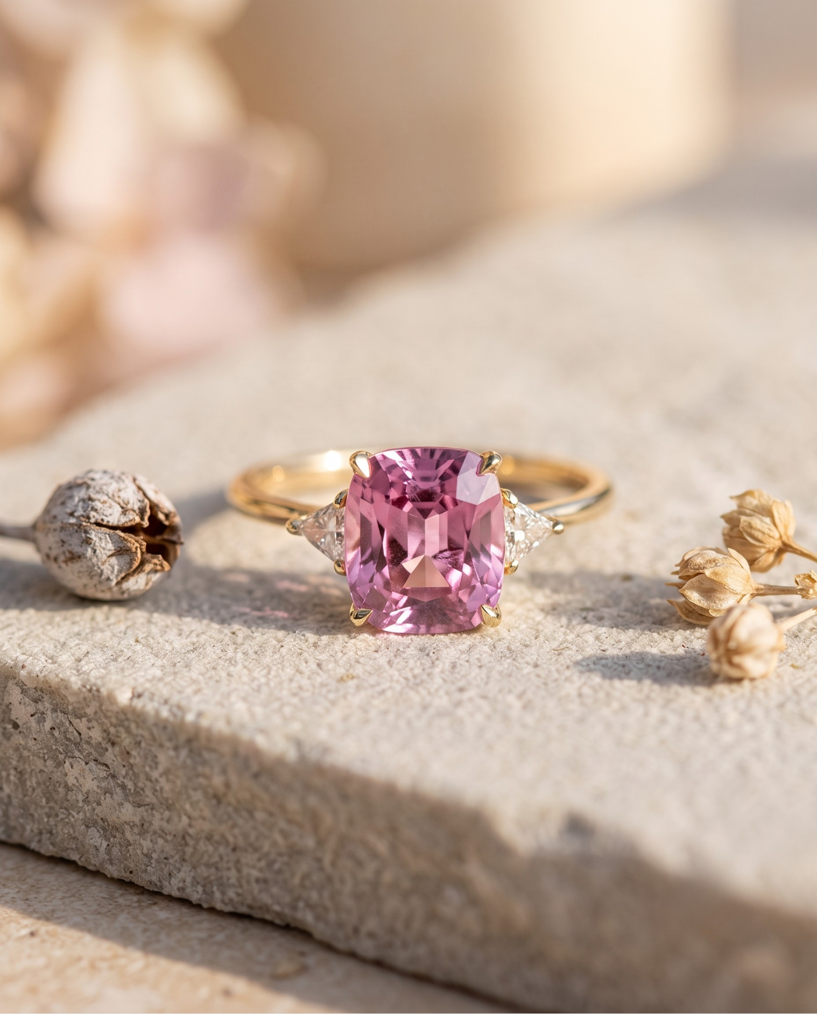 Pink Zirconia Cushion Cut Gold Ring