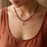Gold Swallow and Red Stone Necklace