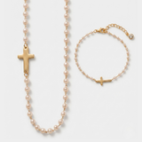 Cross and Pearl Necklace Bracelet Set