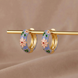 Blue Enamel Floral Hoop Earrings